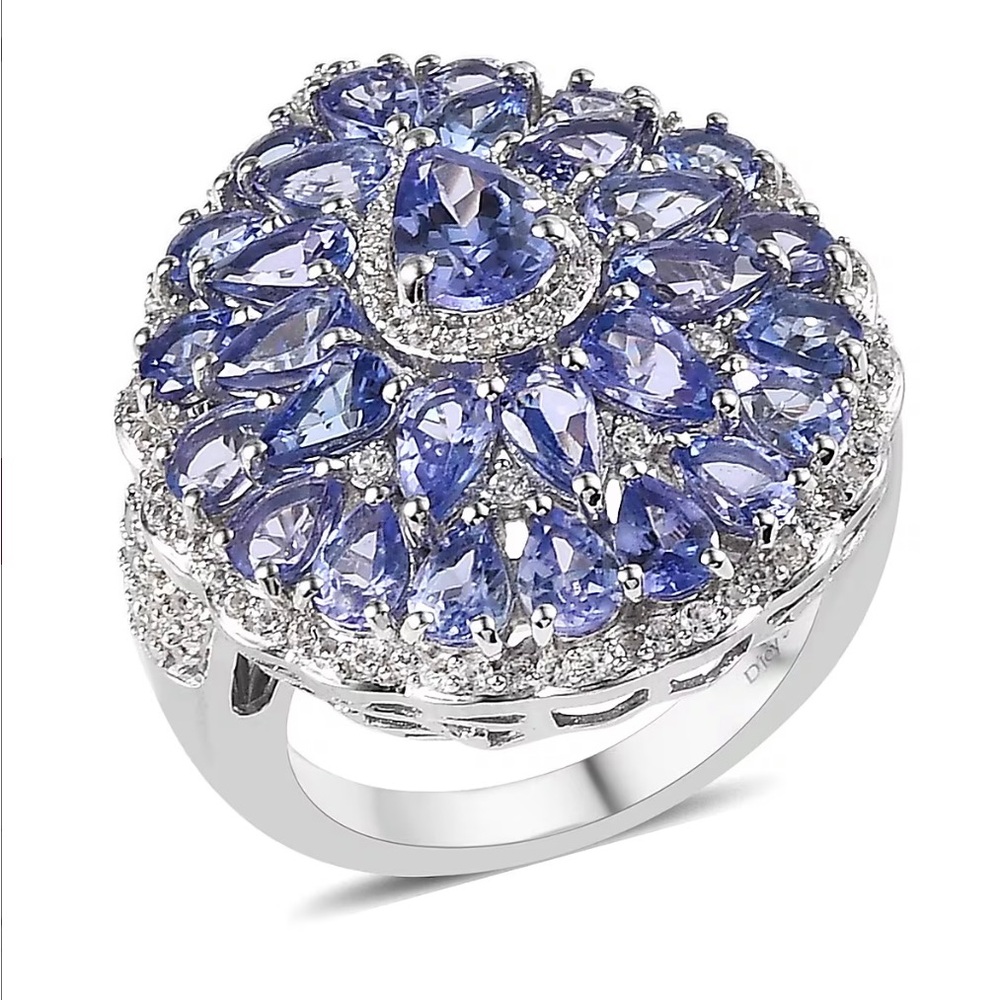 Tanzanite and White Zircon Floral Ring in
Platinum Over Sterling Silver 6.00 tw